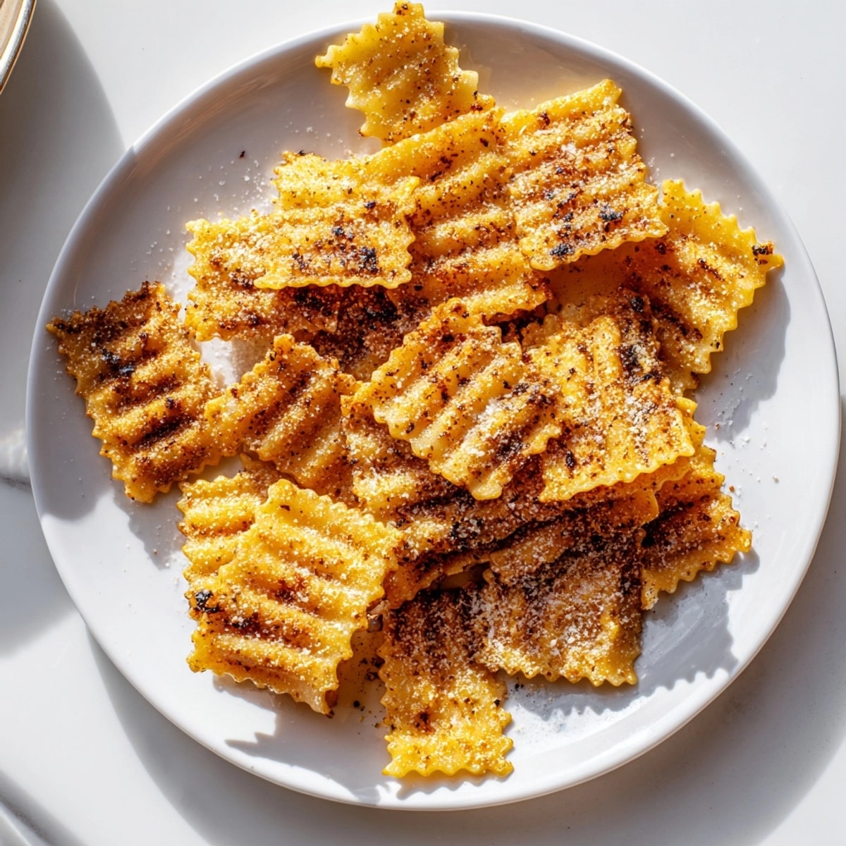 Golden baked pasta chips, a seasoned variety, ready for a savory snack dip.