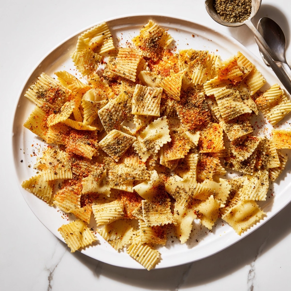 Close-up captures the texture and seasoning on homemade Pasta Chips Seasoned Variety.