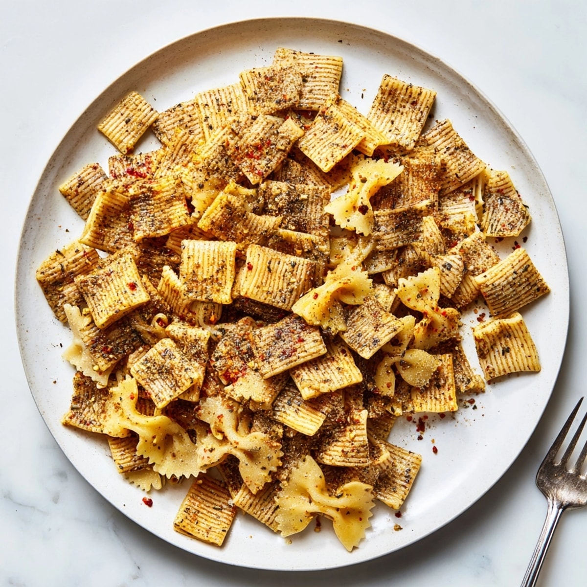 Crispy Pasta Chips Seasoned Variety just out of the oven, warm and ready to eat.