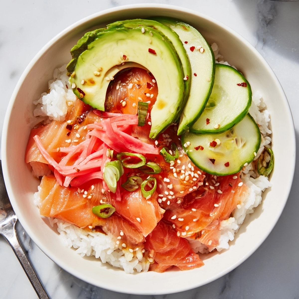 Savory Leftover Salmon & Rice Bowl, a colorful dish with fresh avocado and cucumber.