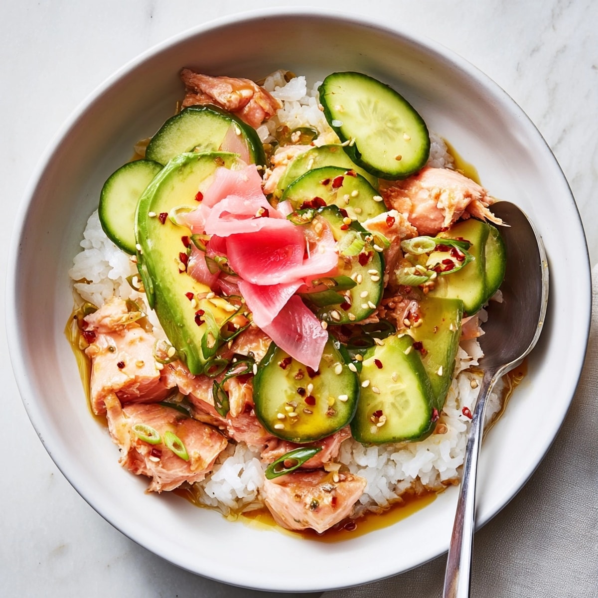 Flaked salmon and fluffy rice in a hot Leftover Salmon &amp; Rice Bowl.