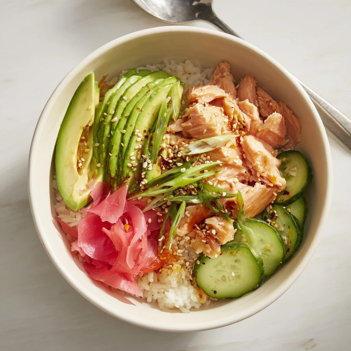 Steaming Leftover Salmon &amp; Rice Bowl ready to eat, showcasing a quick ten-minute meal.