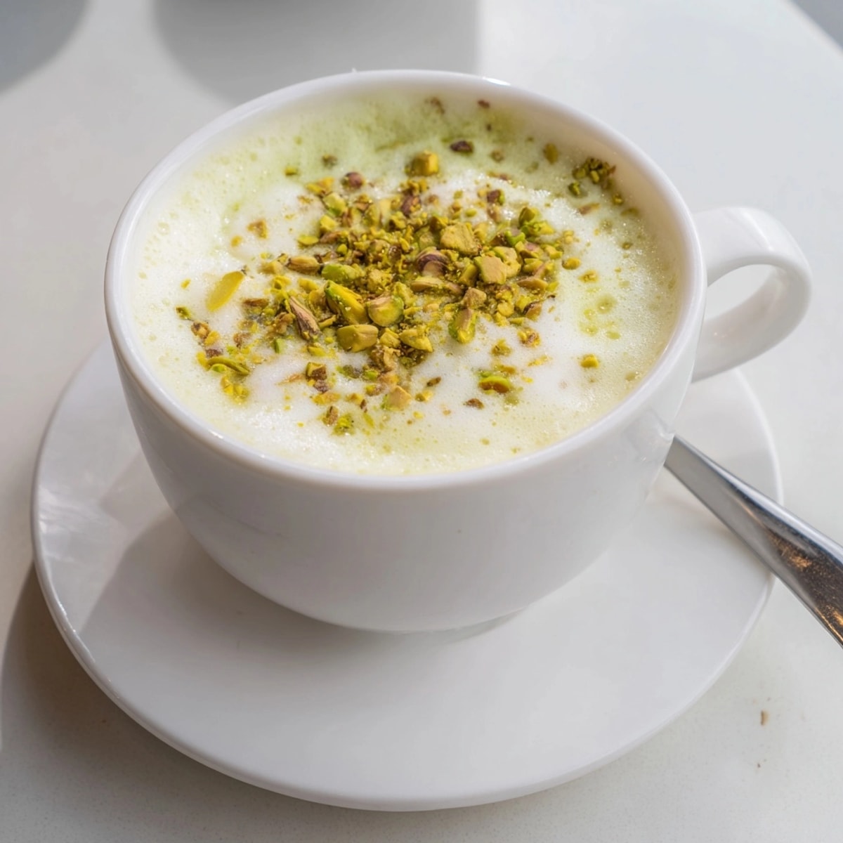 Creamy Pistachio Milk Latte in a mug, topped with a swirl of pistachio pieces.