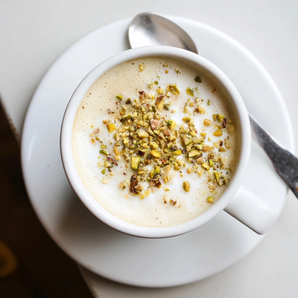 A delicious homemade Pistachio Milk Latte steams invitingly, ready to sip and enjoy.
