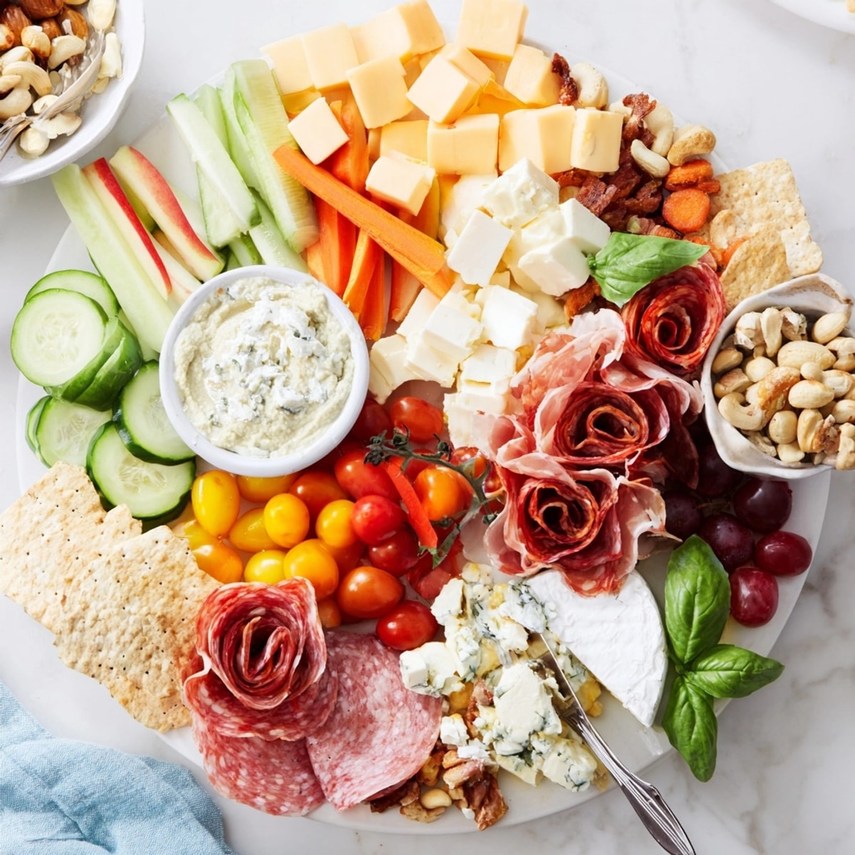 Delectable Girl Dinner Platter featuring cheeses, fruits, and dips artfully arranged for easy snacking.