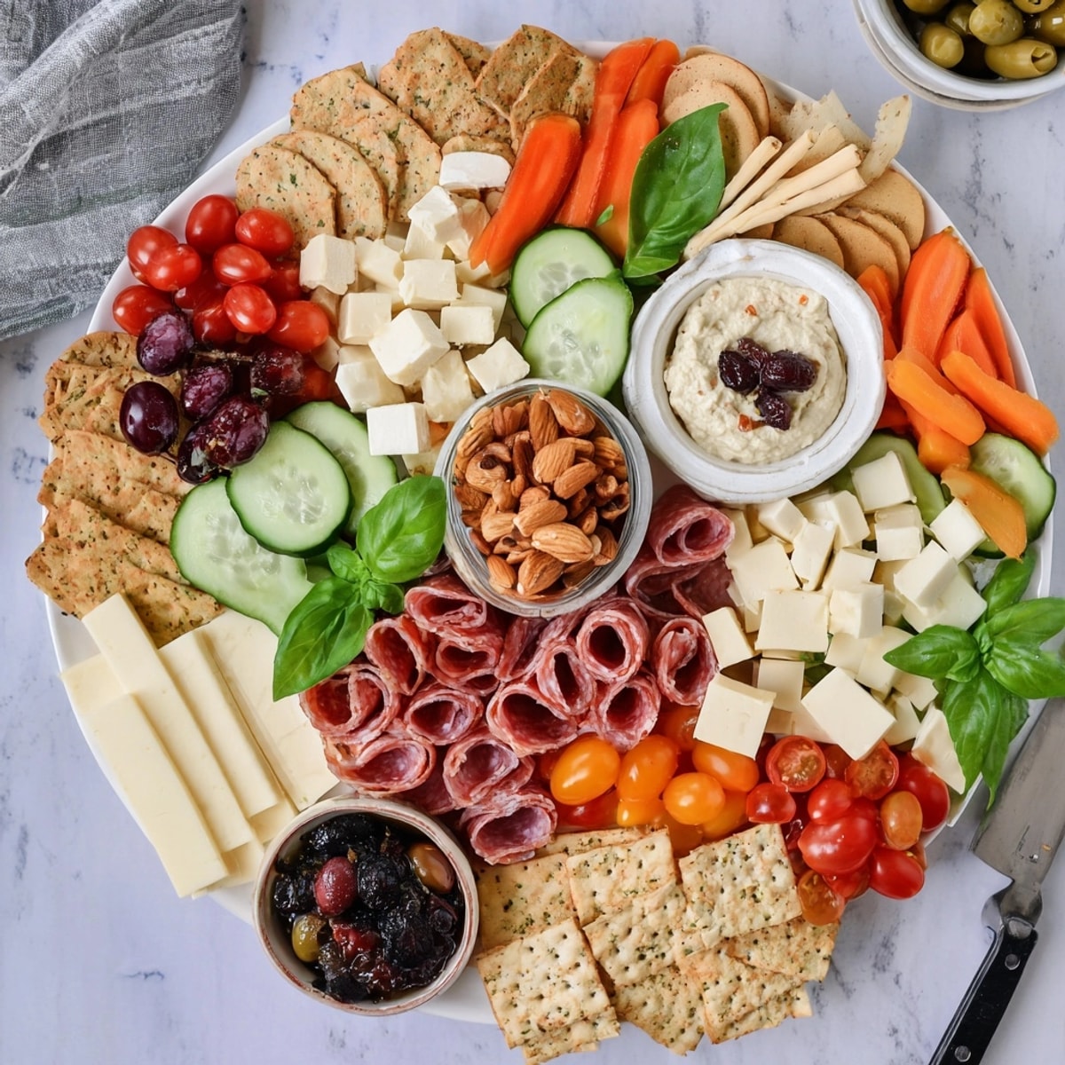 Close-up of a tempting Girl Dinner Platter, showcasing creamy brie, sharp cheddar, and fresh fruits.