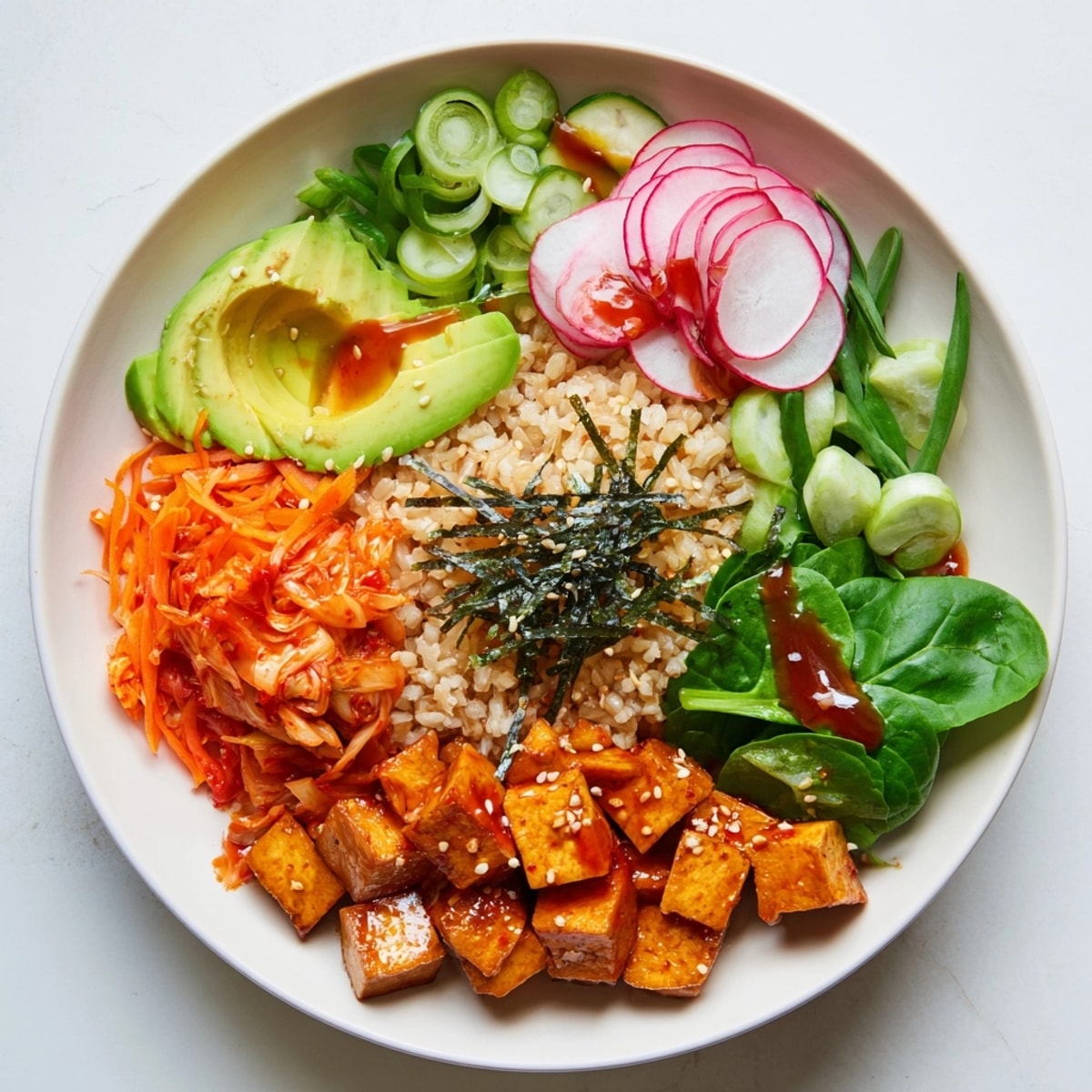 Vibrant Fermented Vegetable Bowl: Tangy kimchi, fresh greens, and grains drizzled with sesame dressing.