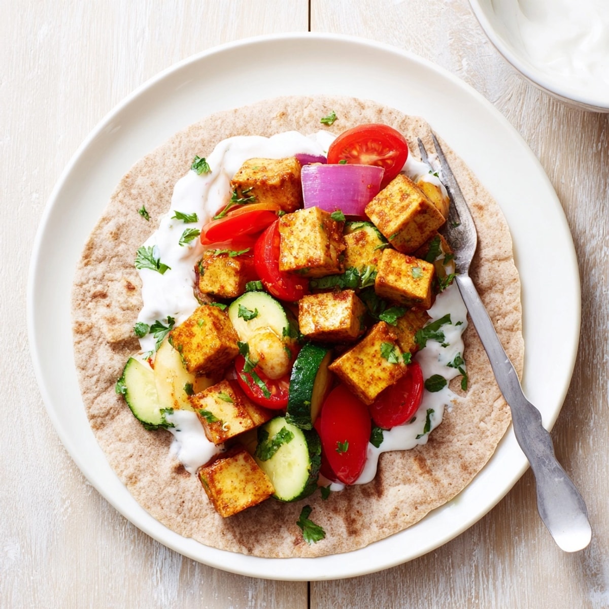 A close-up of a delicious Vegan Viral Recipe Re-make, bursting with fresh herbs and a tangy sauce.