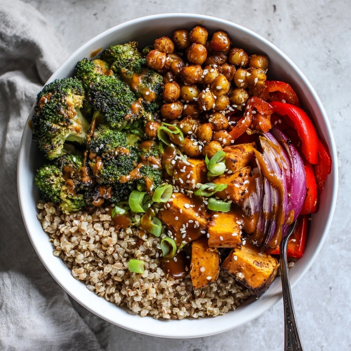 Close-up of a flavorful Bold Sauce Drizzle Bowl, ready to be enjoyed for dinner.