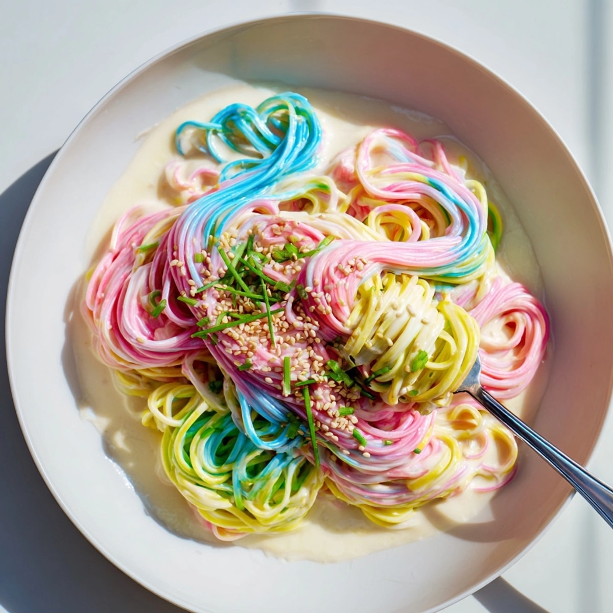 Bowl of vibrant Neon Noodle Cloud dish, colorful noodles coated in creamy sauce.