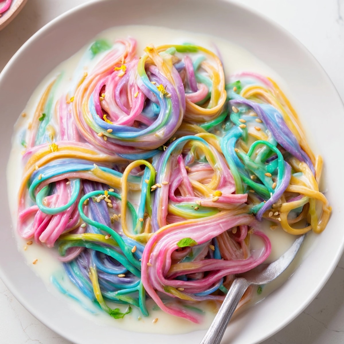 Close-up of creamy Neon Noodle Cloud, garnished with scallions and edible flowers.