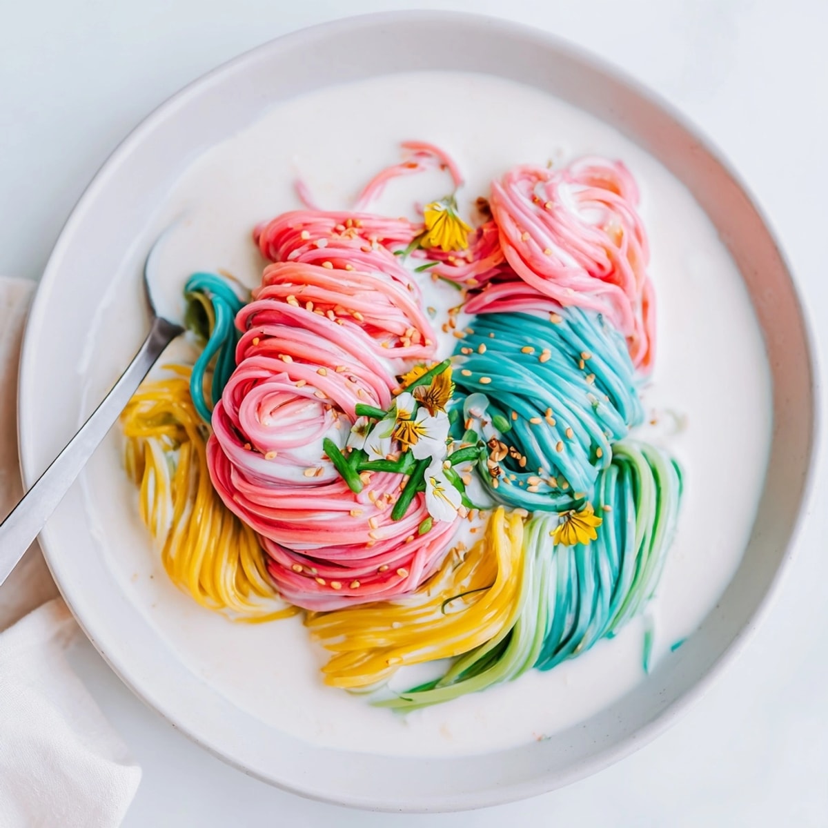 Overhead shot of Neon Noodle Cloud recipe: whimsical, colorful noodles in a cloud sauce.