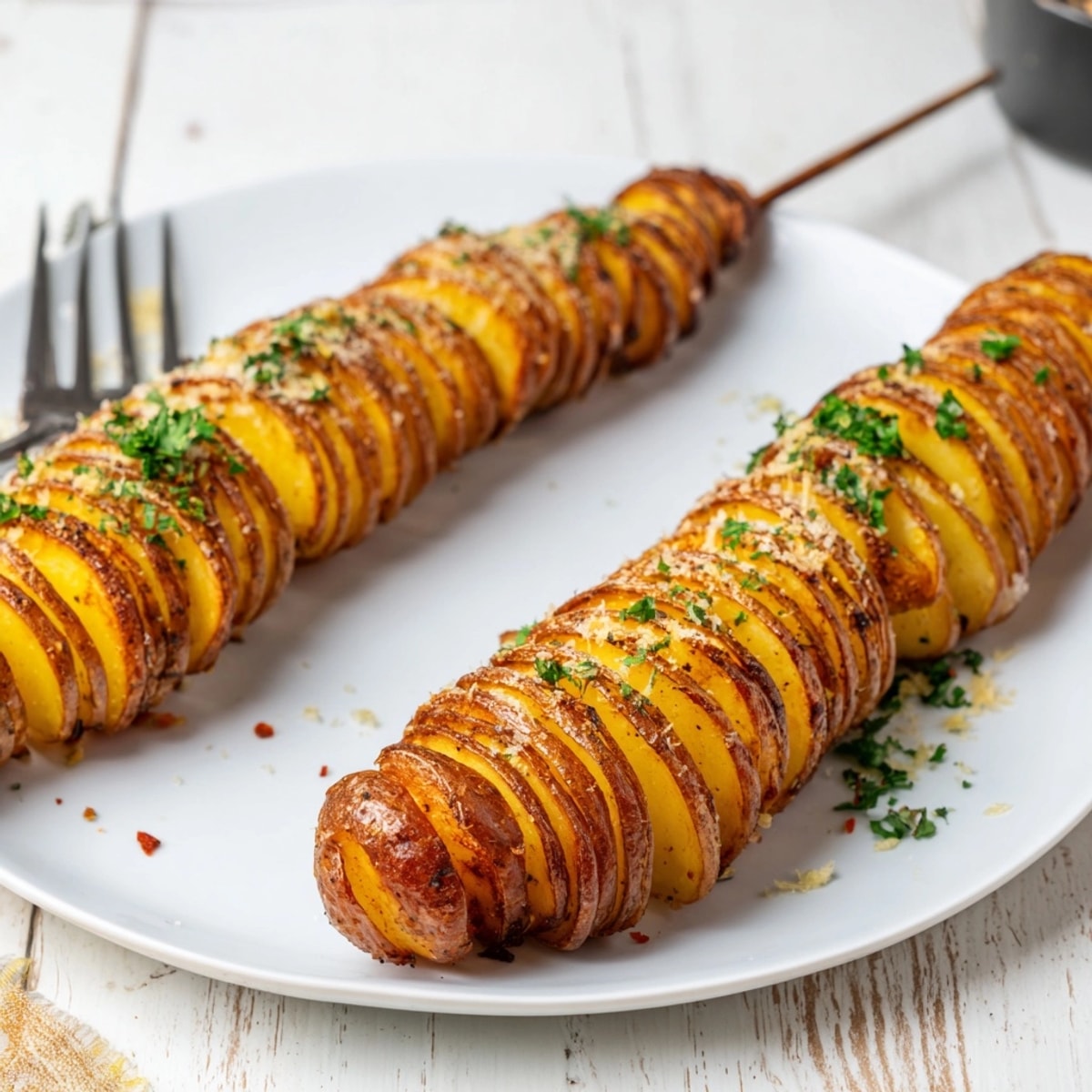 Golden, crispy Air-Fryer Tornado Potatoes seasoned with paprika and garlic, ready to enjoy.