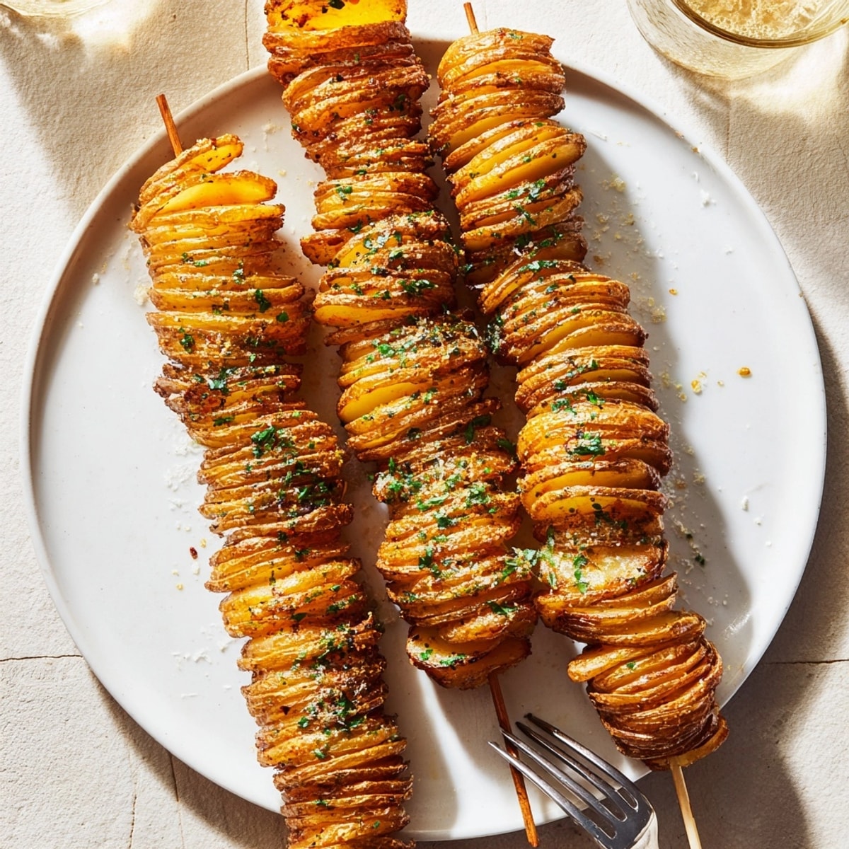 Close-up of delicious Air-Fryer Tornado Potatoes, a fun, spiral-cut vegetarian snack.