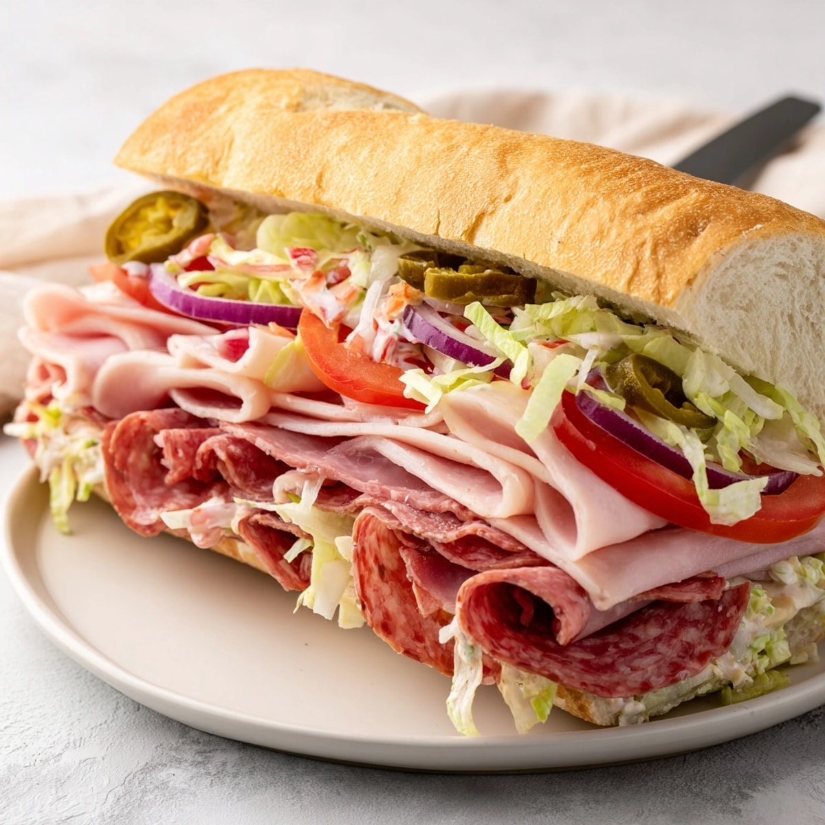 Stacked Italian Grinder Sandwich: Provolone, vibrant meats, crisp grinder-dressed lettuce piled high.