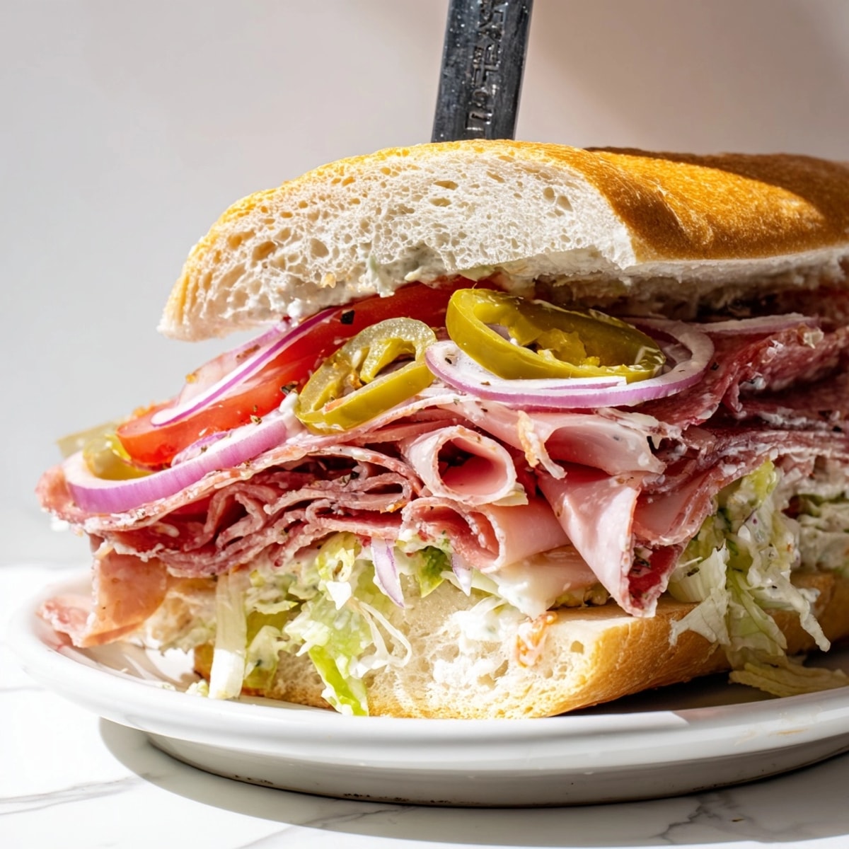 Making an Italian Grinder Sandwich: Layering mortadella, capicola, lettuce, and grinder salad.