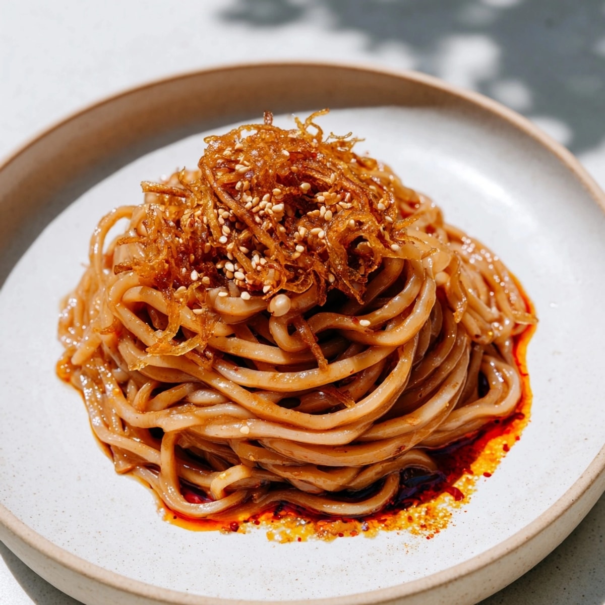 Close-up of glistening Scallion Oil Noodles, a savory vegetarian Chinese meal, ready to eat.