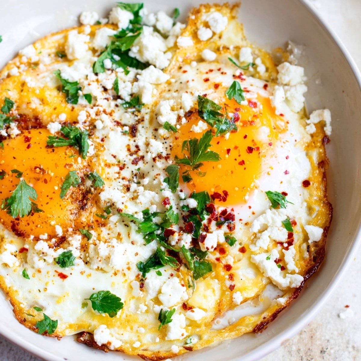 Golden Feta Fried Eggs sizzling in a pan – tangy, crisp, and ready to serve.