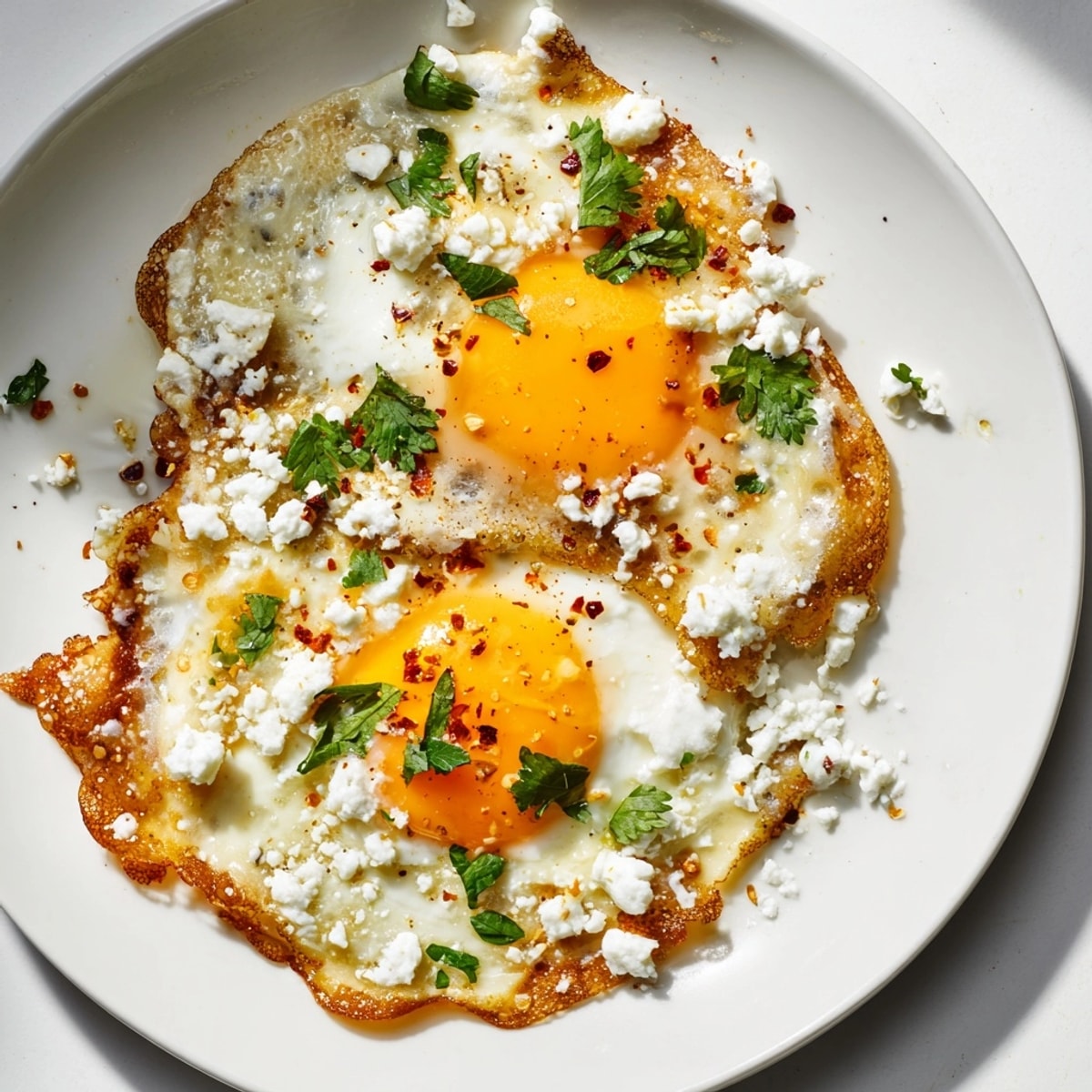 Runny yolk Feta Fried Eggs breakfast: imagine creamy feta, hot eggs, herbs on top.