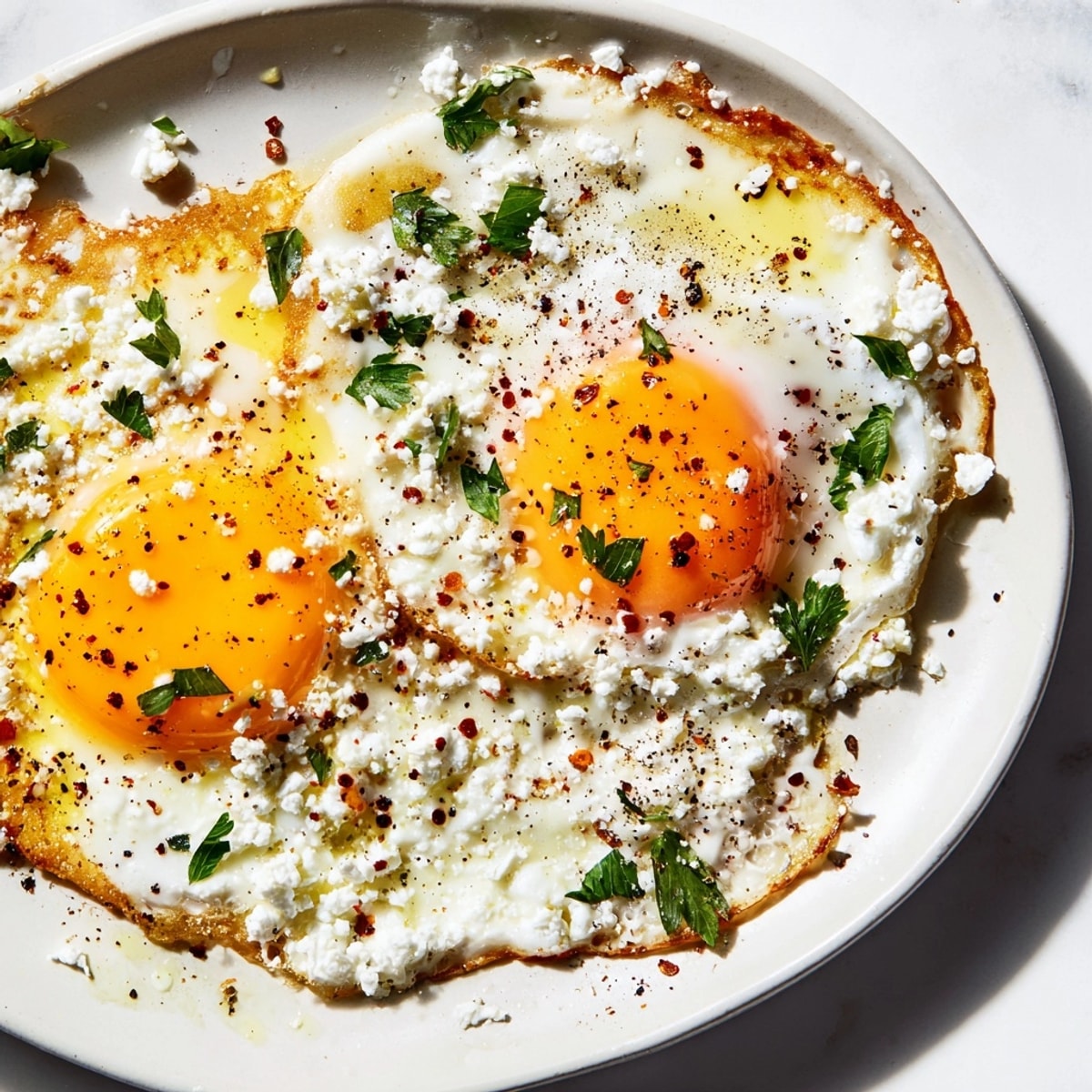 Close-up of easy Feta Fried Eggs recipe, perfect for a flavorful vegetarian brunch.