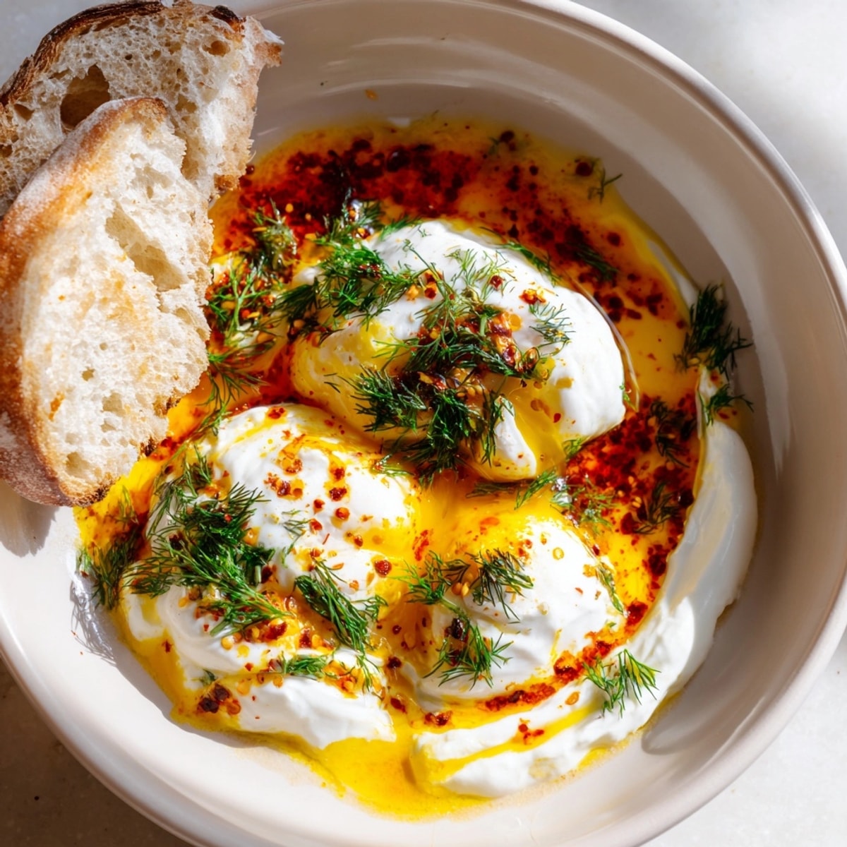 Turkish Poached Eggs: Creamy garlic yogurt, runny poached eggs, and spiced paprika butter.