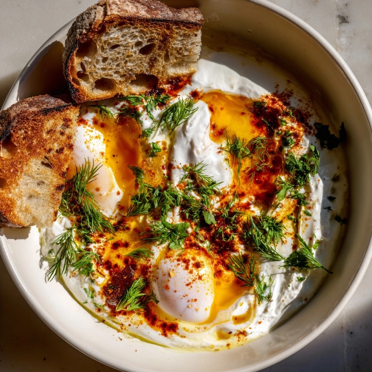 Savory Turkish Poached Eggs drenched in vibrant red spiced butter, served over tangy yogurt.