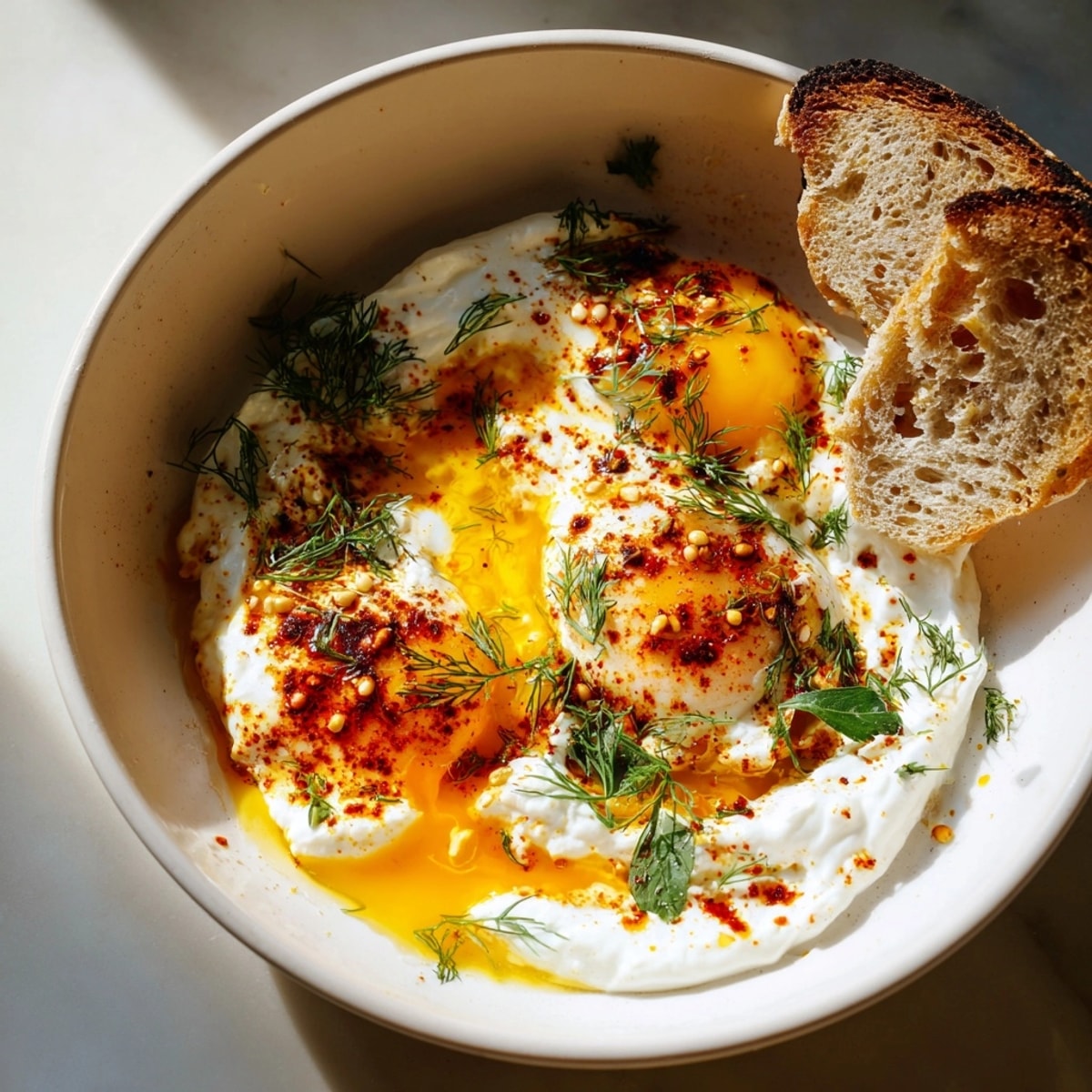 Homemade Turkish Poached Eggs, topped with fresh dill, ready for a delicious brunch bite.