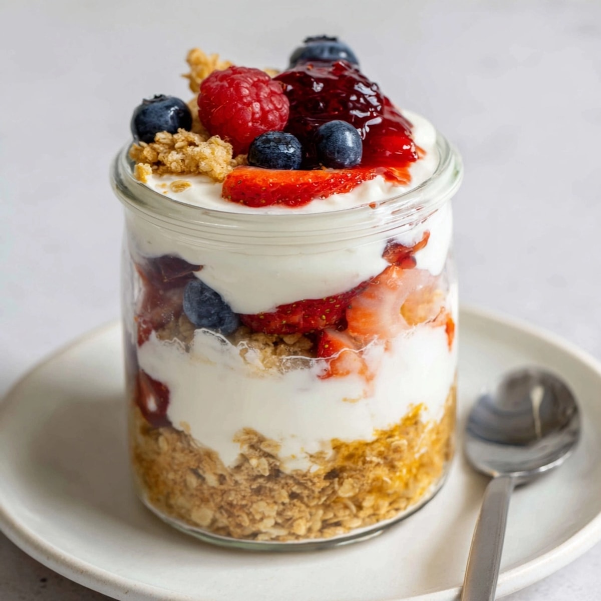 Close-up of Overnight Weetabix Cheesecake showing crunchy base, smooth yogurt, and juicy fresh berries.