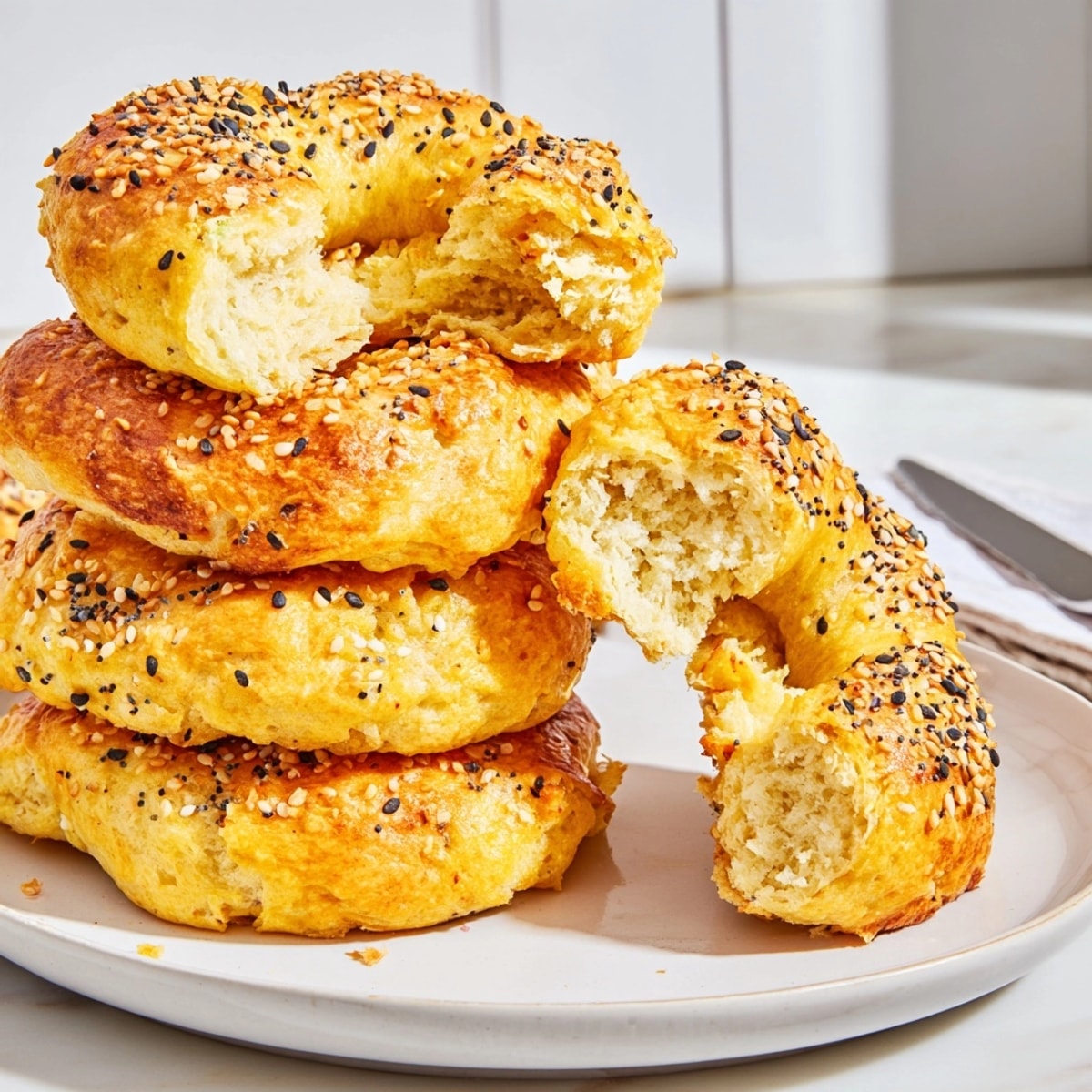 Freshly baked Two Ingredient Bagels cooling, topped with sesame seeds, quick and easy.