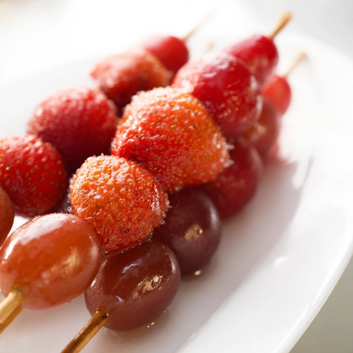 Golden, glistening Tanghulu fruit skewers cooling—a sweet, crunchy traditional Chinese street snack.