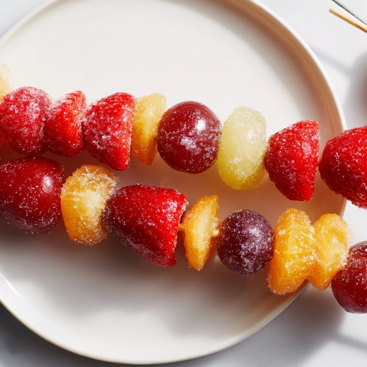 Homemade Tanghulu fruit skewers recipe: a beautiful close-up of shiny, sugar-coated strawberries and grapes.