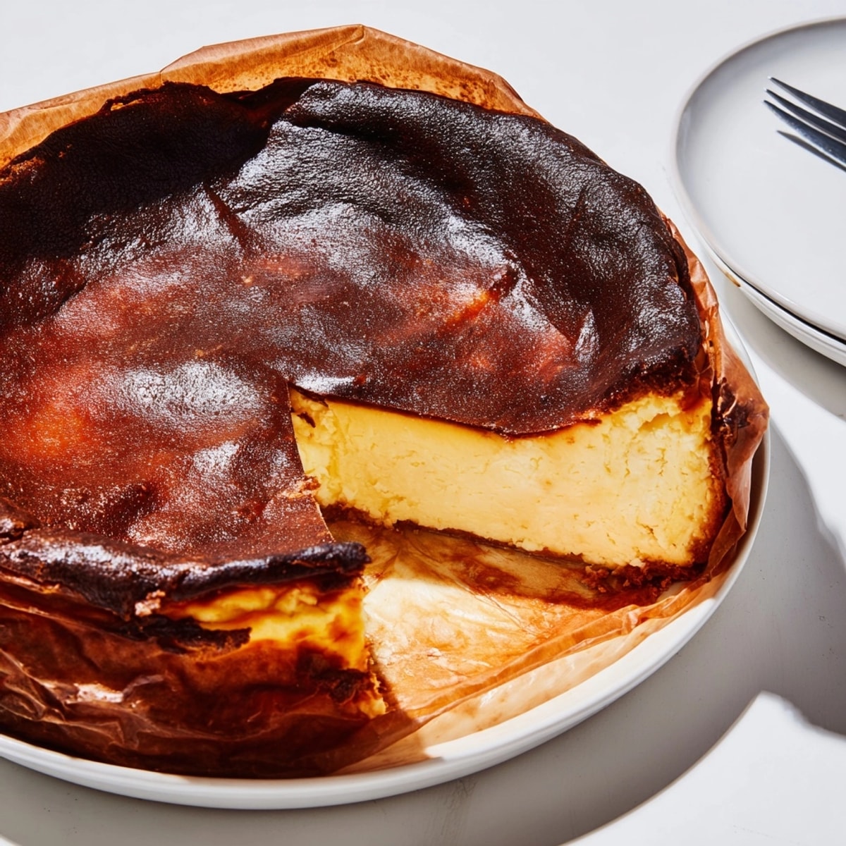 Golden Basque Burnt Cheesecake with a caramelized top, ready for dipping and serving.