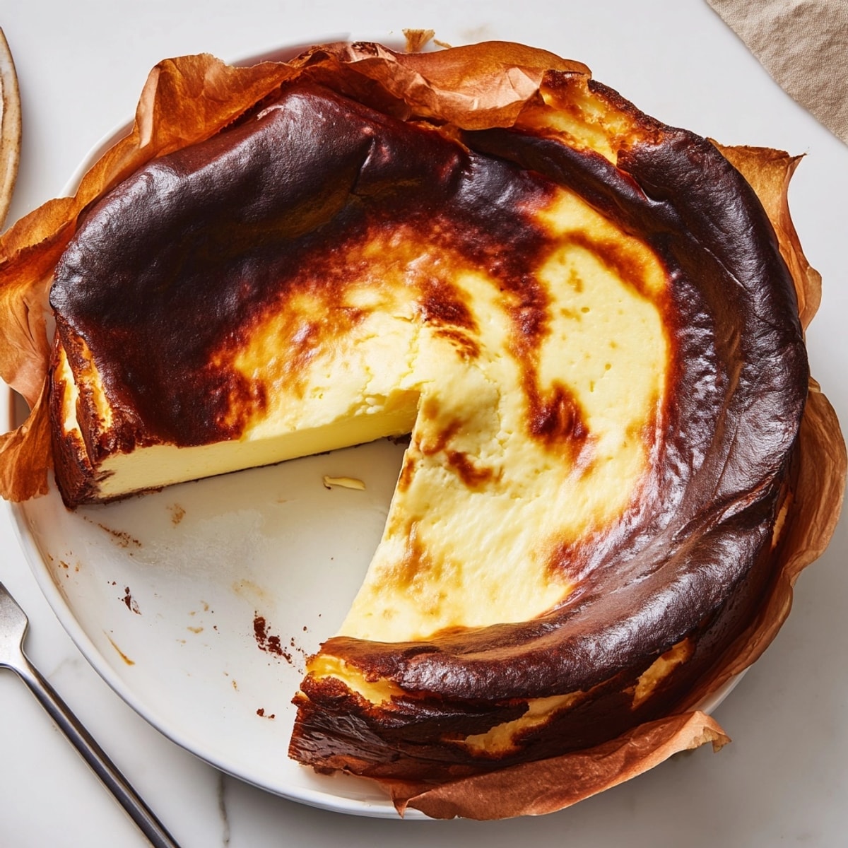 Rich, creamy Basque Burnt Cheesecake recipe, a Spanish dessert with blistered top.