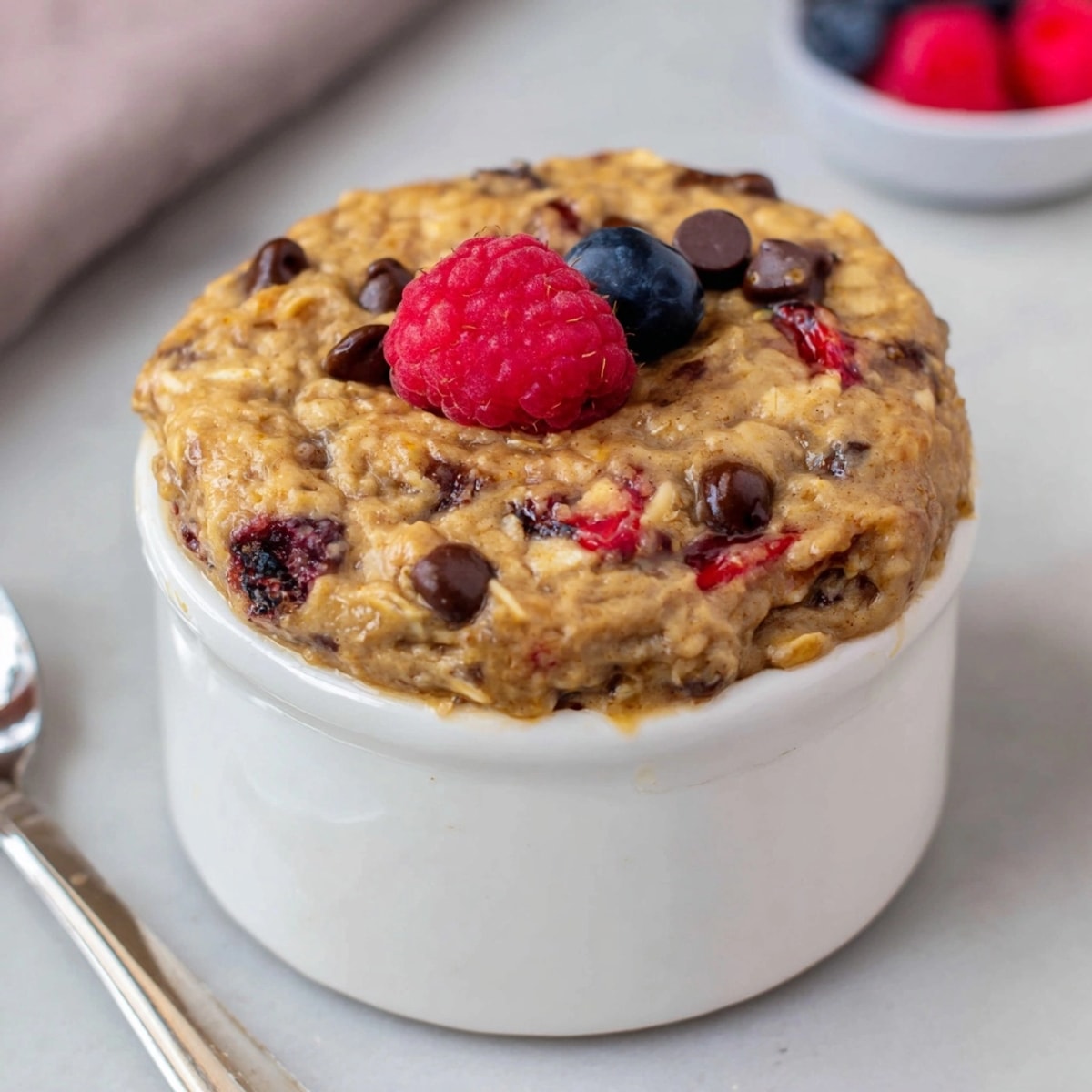 Warm Blended Baked Oats, a cozy oatmeal breakfast, served in ramekins, topped with fresh berries.