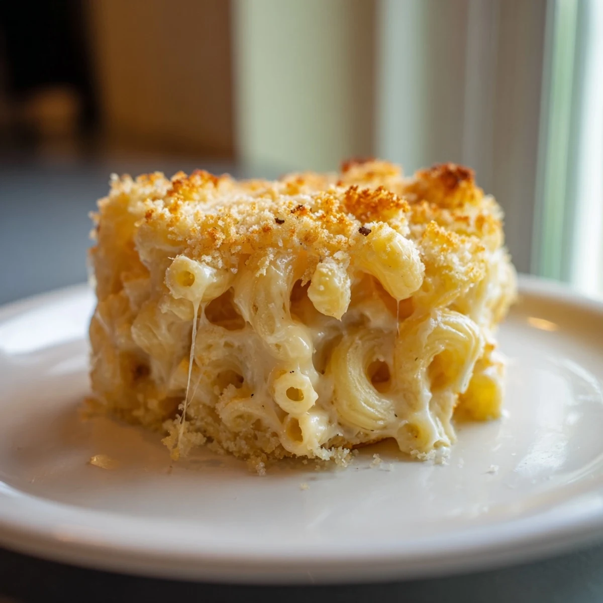 A bubbly, golden layer tops this creamy baked macaroni and cheese, ready to be served.