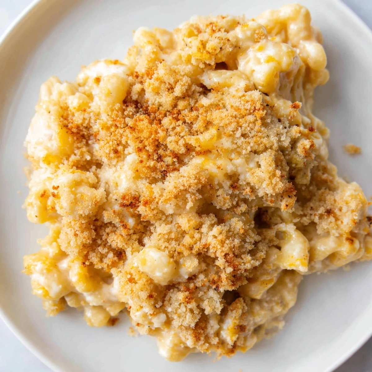Golden-brown crunchy topping on a classic baked macaroni and cheese, perfect comfort food for dinner.