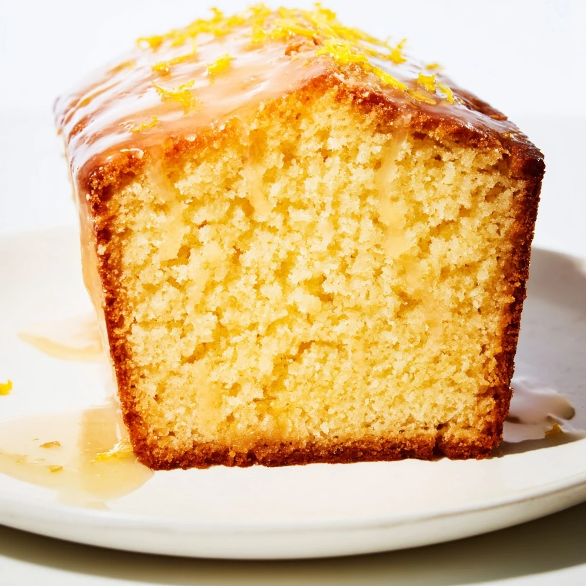 Golden, glistening Lemon Drizzle Cake, perfect for dessert, drizzled with sweet lemon glaze.