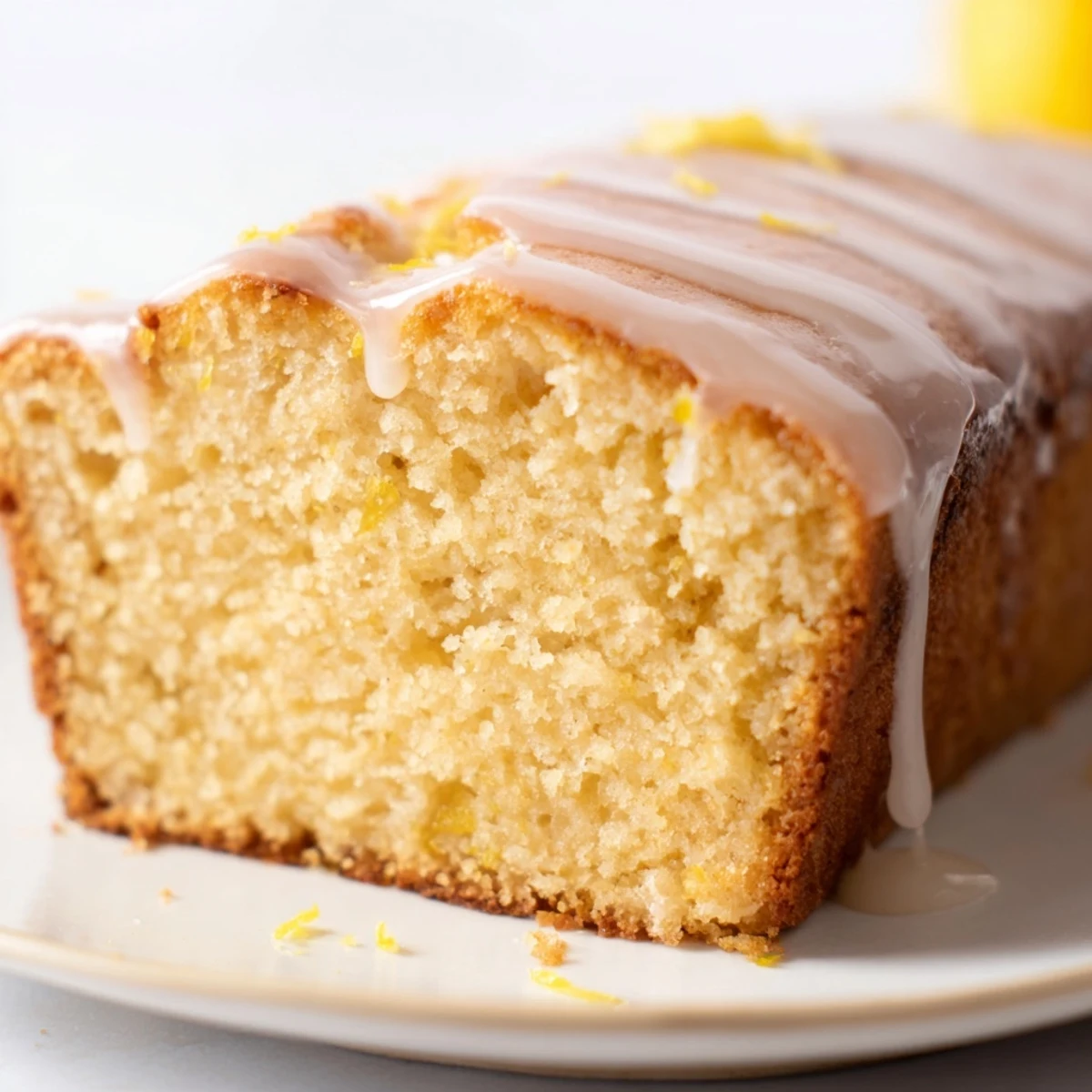 A close-up of a freshly baked Lemon Drizzle Cake, radiating a sweet lemon aroma and flavor.