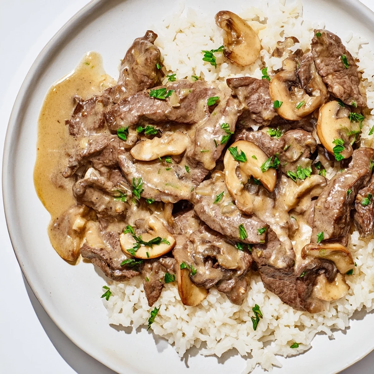 A close-up of steaming Beef Stroganoff with rice, the savory beef strips and creamy sauce are visible.