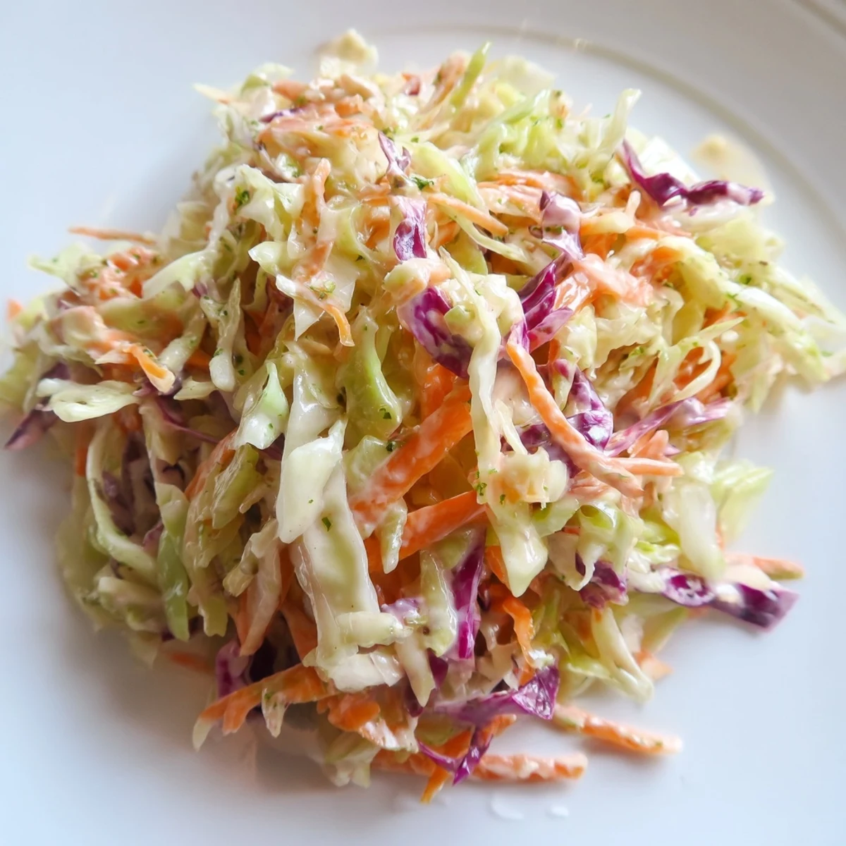 A close-up view of creamy coleslaw, a refreshing, flavorful, and easy summer side salad made from scratch.