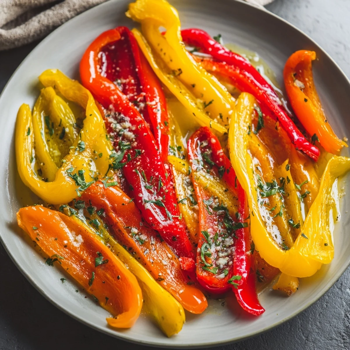 Savory sliced roasted peppers, perfectly charred and served with fresh parsley garnish.