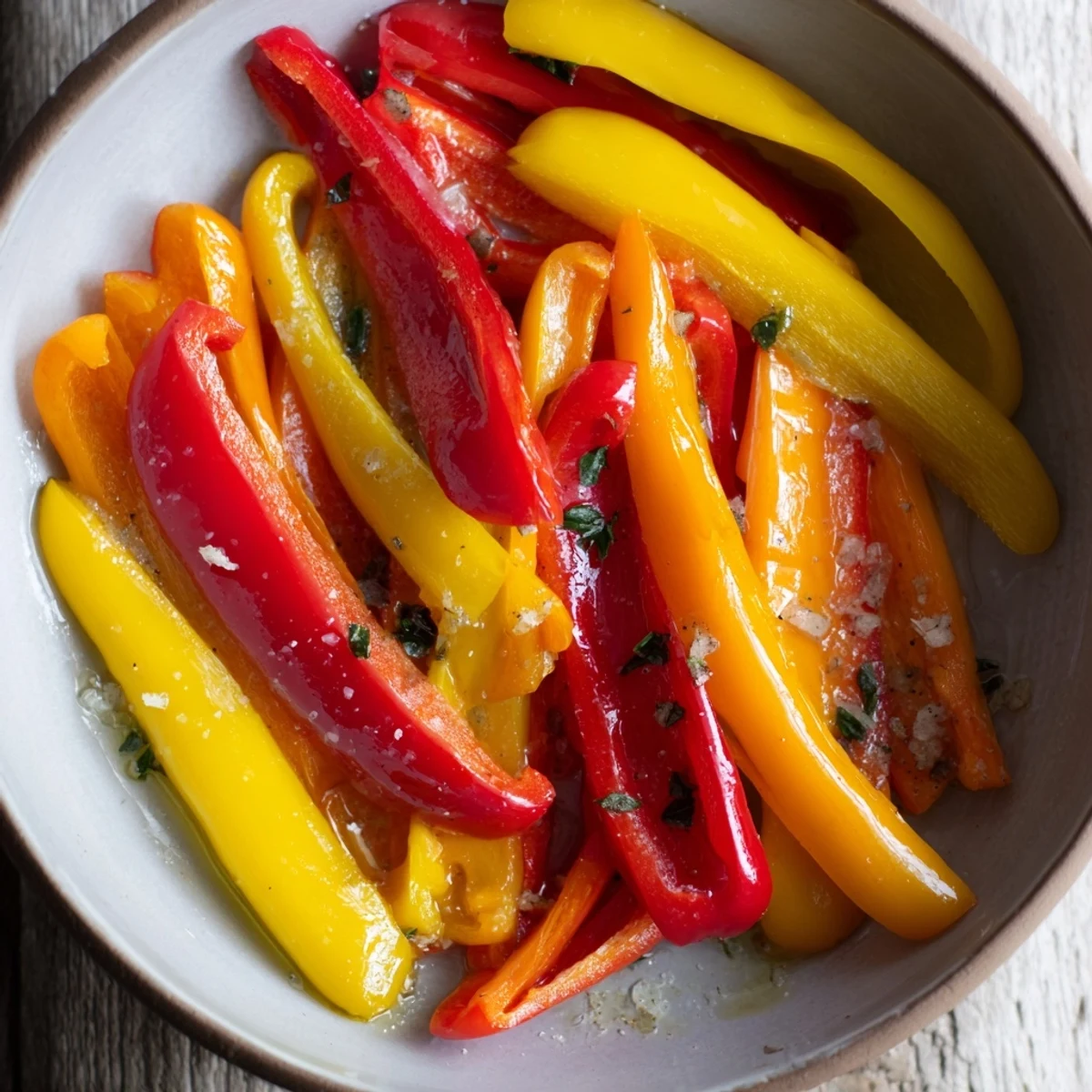 Golden roasted peppers glistening with oil, ready to be enjoyed as a flavorful side.