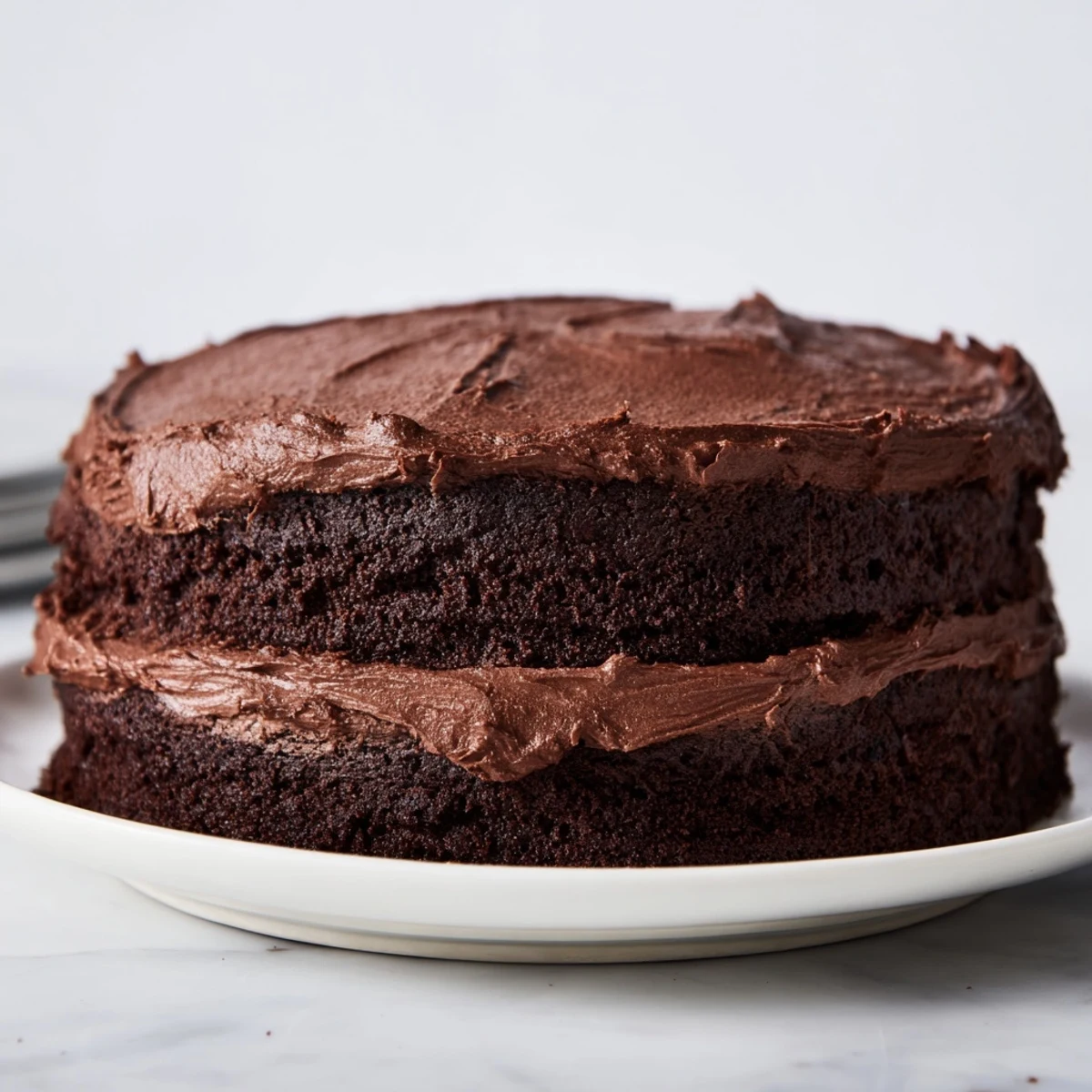 A slice of moist chocolate cake with visible layers, perfect for a special celebration.
