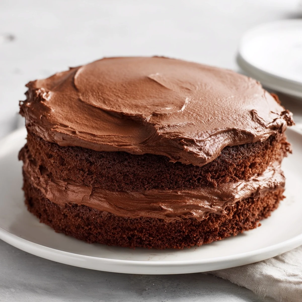 Rich, dark chocolate cake, covered in fluffy frosting, ready for serving on a white plate.