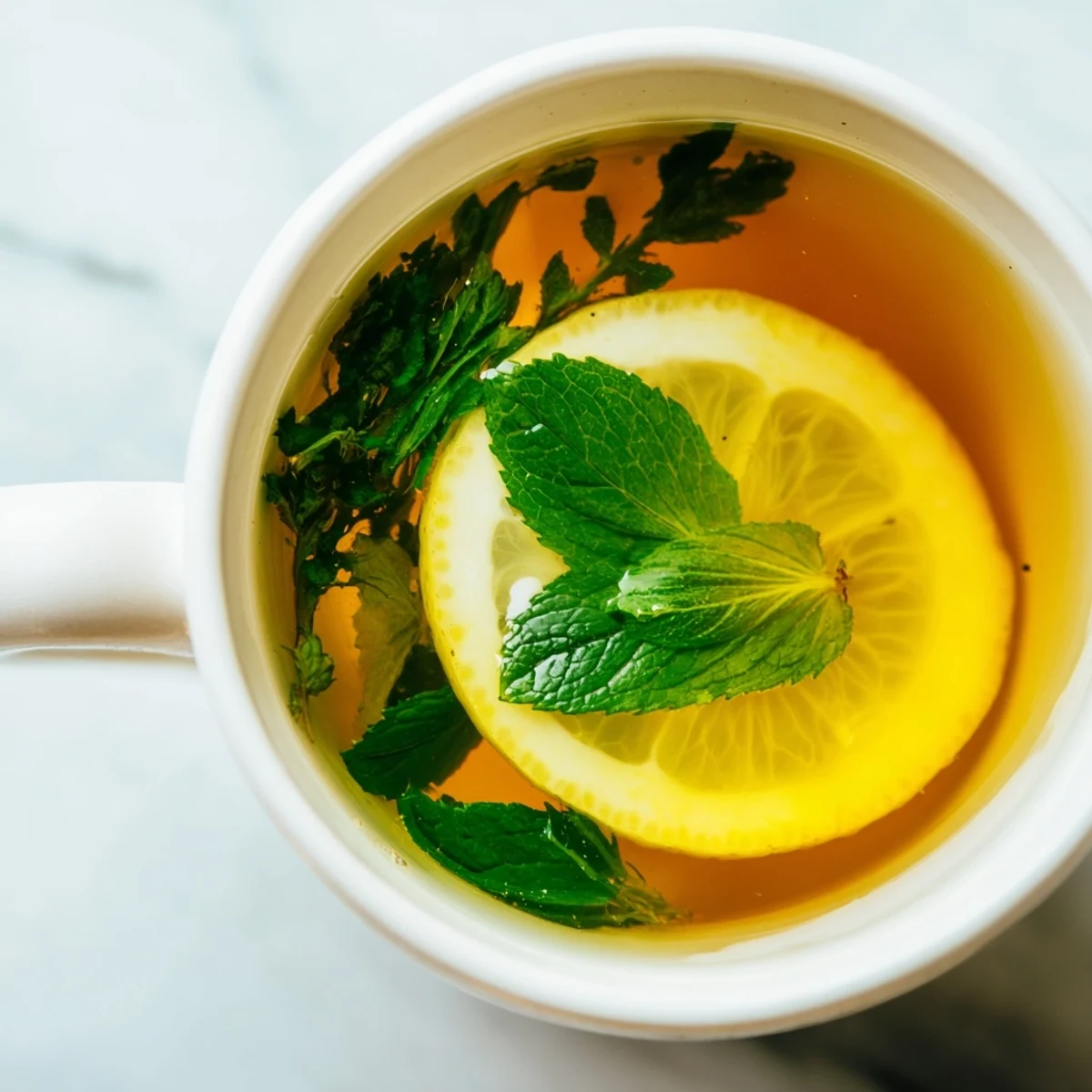 A close-up of vibrant green Peppermint Tea steeping, ready to enjoy with a lemon slice.