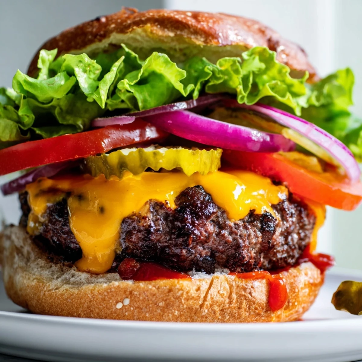 A juicy beef burger, sizzling on the grill, served with fresh tomato and lettuce.
