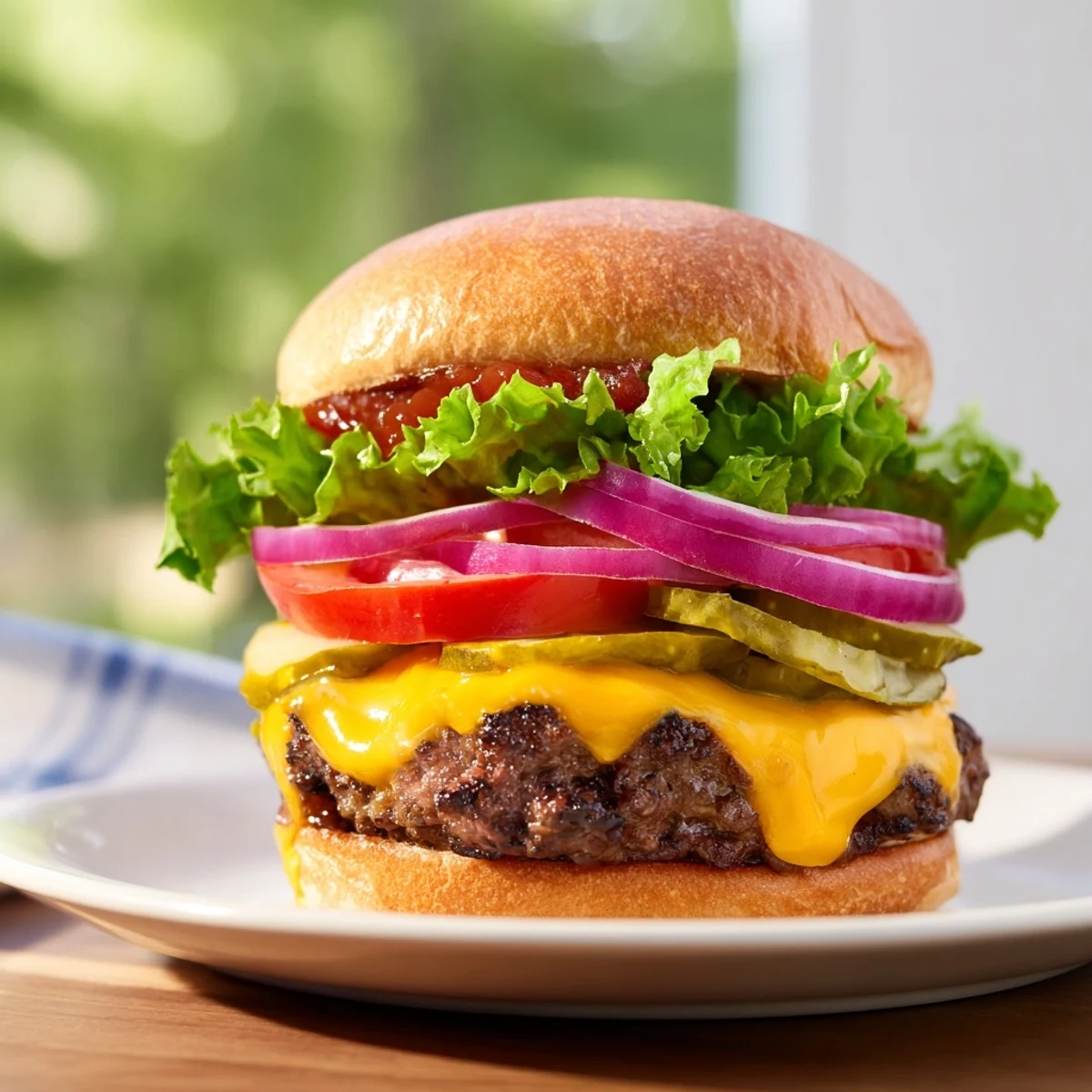 Delicious, stacked beef burger, featuring melted cheddar and toasted buns, ready to eat.