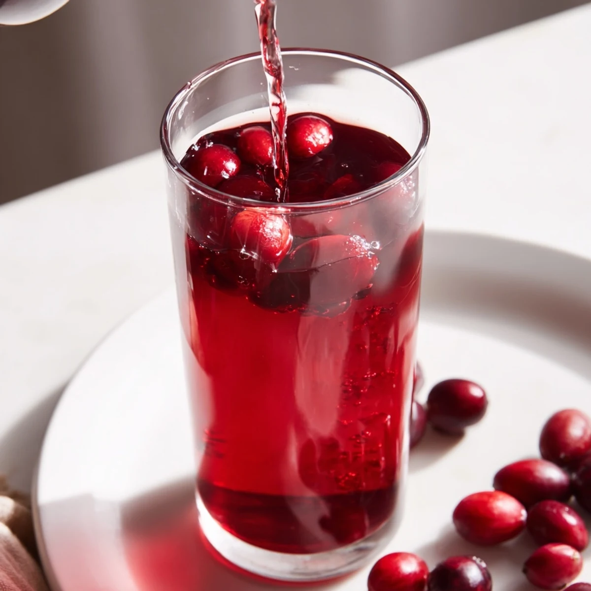 Homemade Cranberry Juice, a refreshing vegan beverage, is pictured in a clear pitcher with ice.