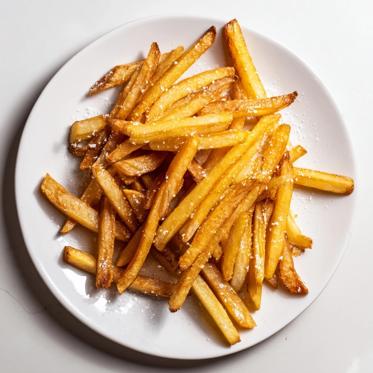 Golden, perfectly crisp crispy fries, seasoned to perfection, ready to be devoured as the perfect side.