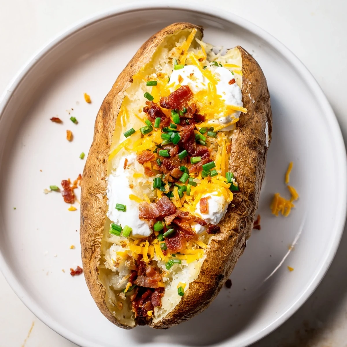 Golden-skinned baked potato, easily pierced with a fork, ready for your favorite toppings.